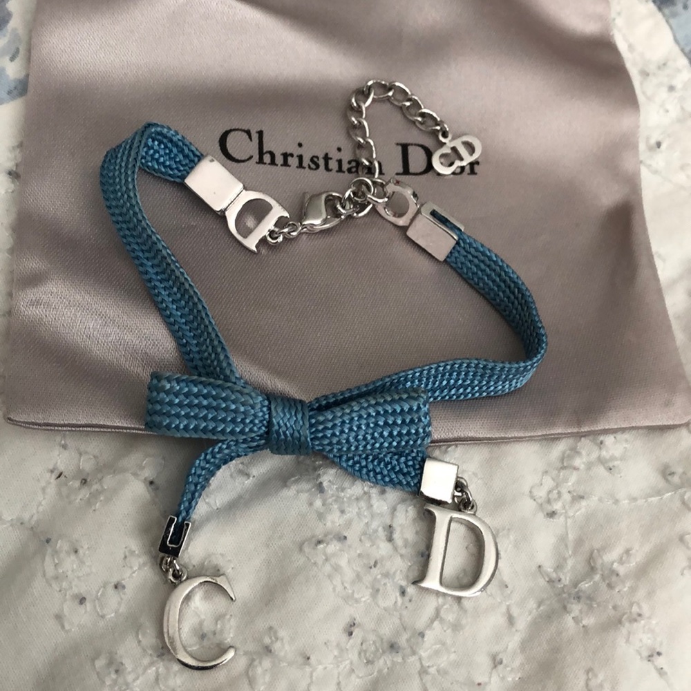 Christian Dior Blue Bow Cord Bracelet with Silver CD Charm